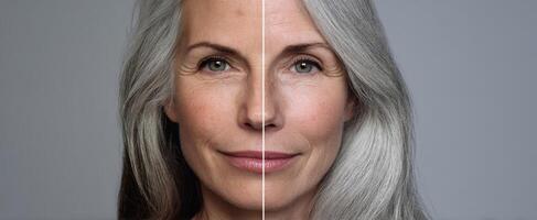 The Split Portrait of a Mature Woman Showcasing Beauty and Aging photo