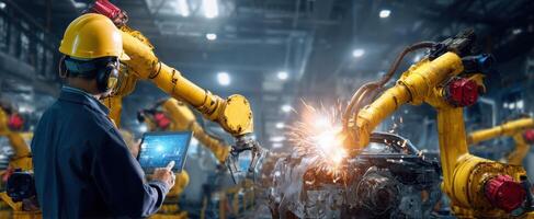 The advanced robotic assembly line in a modern manufacturing facility. photo