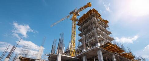 The construction site showcasing a modern building with a crane. photo