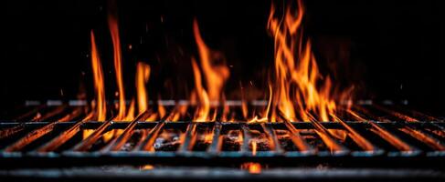 The flickering flames dance above a metal grill during a summer barbecue. photo