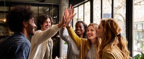 The joyful group sharing a high-five in a lively caf setting. photo