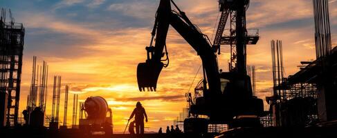 The construction site illuminated by sunset with machinery and silhouettes of workers. photo