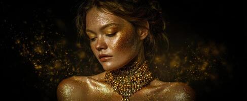 The shimmering beauty adorned with golden glitter and exquisite jewelry. photo