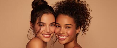 The joyful moment shared between two beautiful women embracing diversity and friendship. photo
