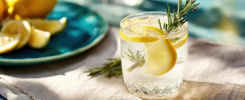 The refreshing lemon and rosemary cocktail garnished with citrus slices. photo