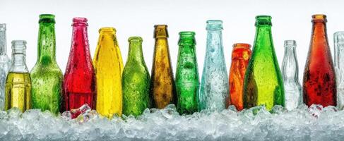 The vibrant display of colorful beverage bottles on ice. photo