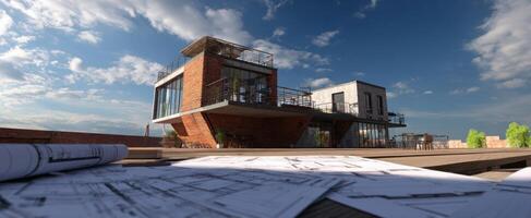 The modern architectural design featuring a unique rooftop home. photo