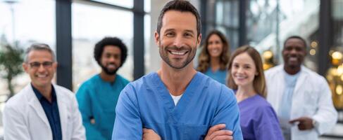 The group of healthcare professionals standing together in a modern hospital environment. photo