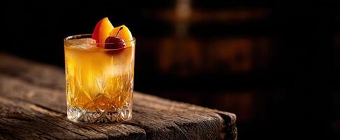 The elegant cocktail garnished with peaches and cherries on a rustic wooden table. photo