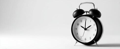 The classic black alarm clock showcasing time in a minimalist setting. photo