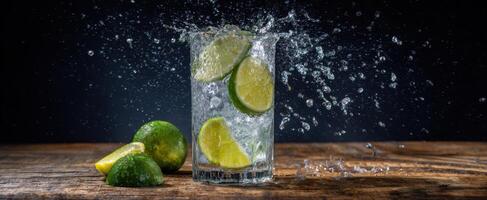 The refreshing splash of lime and water in a glass on wooden table. photo