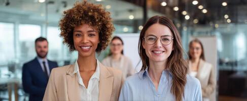 The diverse team of professionals smiling together in a modern office setting. photo