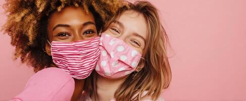 The joyful women wearing colorful masks share a moment of friendship and love. photo