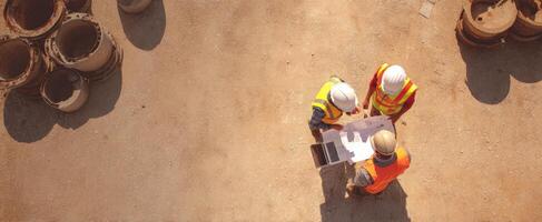 The construction team collaborates on project plans at a busy site. photo