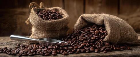 The vibrant scene of coffee beans spilling from burlap sacks on wood. photo