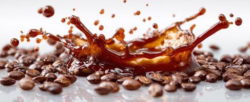 The stunning coffee splash over roasted beans in a captivating scene. photo