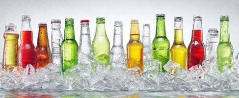 The colorful array of bottled drinks on ice for summer festivities. photo