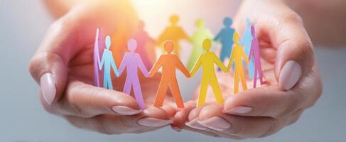 The vibrant figures symbolizing unity and support in caring hands. photo