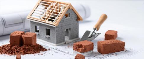 The detailed model of a brick house with construction materials and plans. photo
