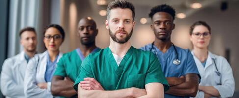 The healthcare team standing together in a modern medical environment. photo