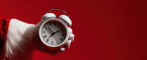A santa claus hand holding an alarm clock photo