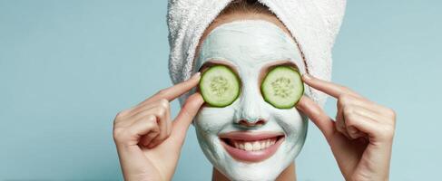 The playful woman enjoying a spa day with cucumber slices and facial mask. photo