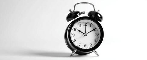 The vintage alarm clock showing precise time on a minimalistic background. photo