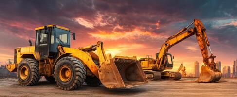 The Heavy Machinery Working at Sunset on a Construction Site photo