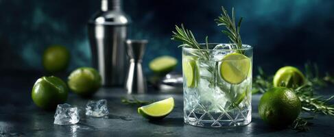 The refreshing cocktail garnished with lime and rosemary in a stylish glass. photo