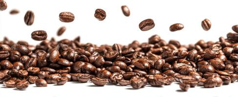 The scattered coffee beans creating an energizing and aromatic coffee experience. photo