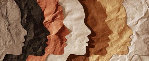 The layered profiles showcasing diverse faces in textured paper design. photo
