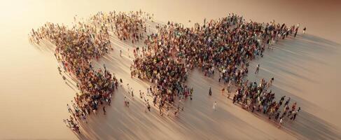 The vibrant representation of humanity forming a world map in a stunning landscape. photo