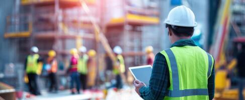 The construction worker using a tablet to manage site activities efficiently. photo