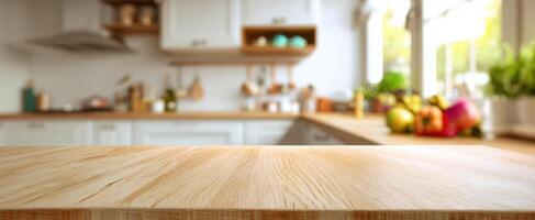 The inviting wooden countertop in a bright, modern kitchen setting. photo