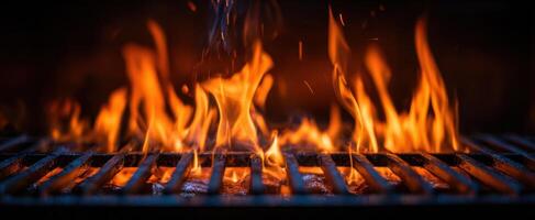 The flickering flames of a grill providing warmth and culinary excitement. photo