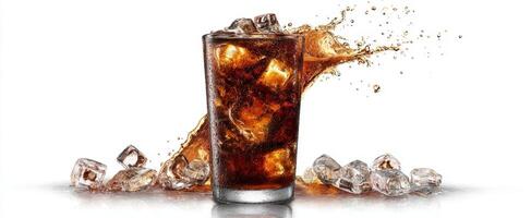 The refreshing glass of cola with ice splashing against a white background. photo