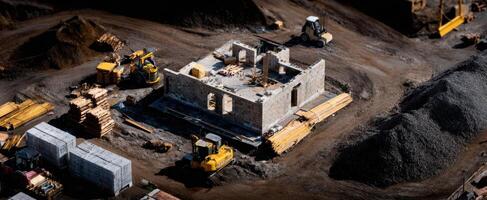 The construction site showcasing a developing building surrounded by machinery and materials. photo