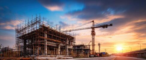 The construction site showcasing cranes and scaffolding under a beautiful sunset. photo