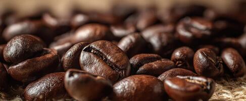 The rich texture of roasted coffee beans close-up on a rustic background. photo