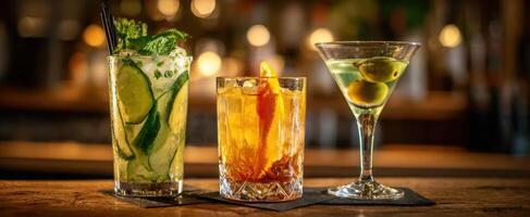 The Three Distinct Cocktails Set Against a Warm Bar Background photo
