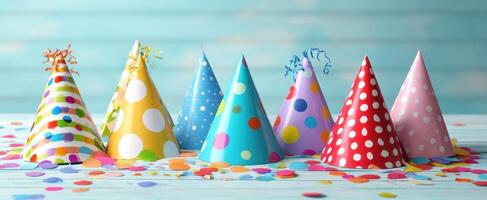 The colorful party hats celebrating a joyful and vibrant birthday occasion. photo