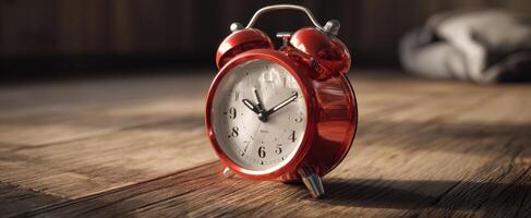 The vibrant alarm clock resting on a wooden surface in a cozy setting. photo