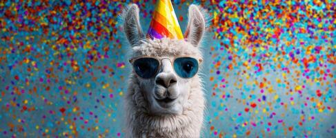 The festive llama wearing sunglasses and a colorful party hat with confetti. photo