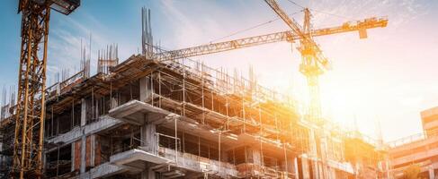 The construction site showcasing cranes and rising buildings against a sunset backdrop. photo