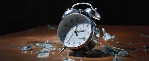 The shattered alarm clock symbolizing lost time and unexpected events. photo