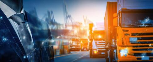 The businessman overlooking the busy transportation industry with trucks and technology. photo