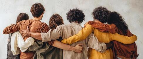 The group of friends embracing each other against a textured wall. photo