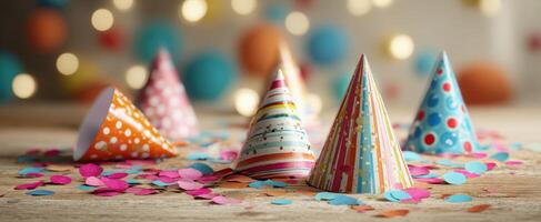 The colorful party hats surrounded by confetti for a festive celebration. photo