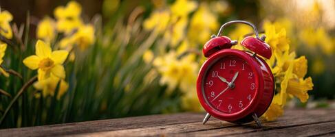 The red alarm clock surrounded by vibrant daffodils in a serene garden setting. photo