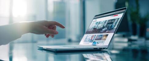 The modern laptop showcasing digital browsing in a bright office environment. photo